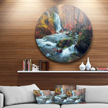Autumn Mountain Waterfall Long View - Landscape Photography Circle Metal Wall Decor